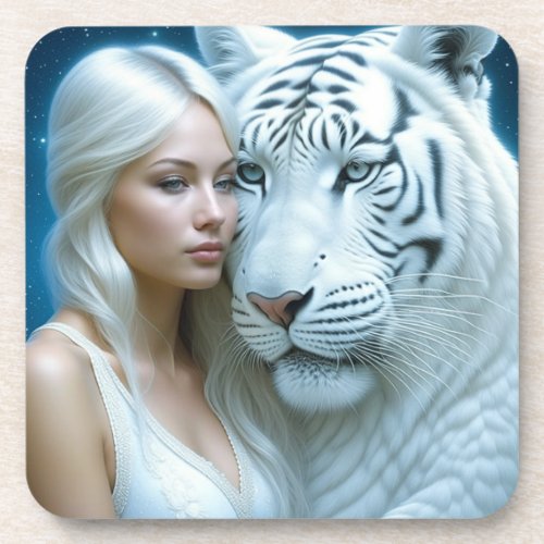 Mystical White Tiger and Woman Magical  Beverage Coaster