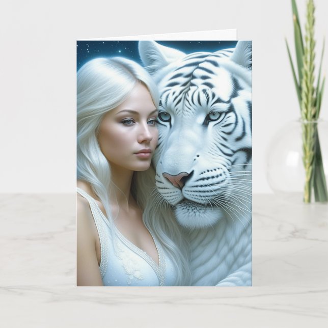Mystical White Tiger and Woman Magical Birthday Card (Front)