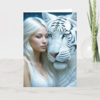 Mystical White Tiger and Woman Magical Birthday Card