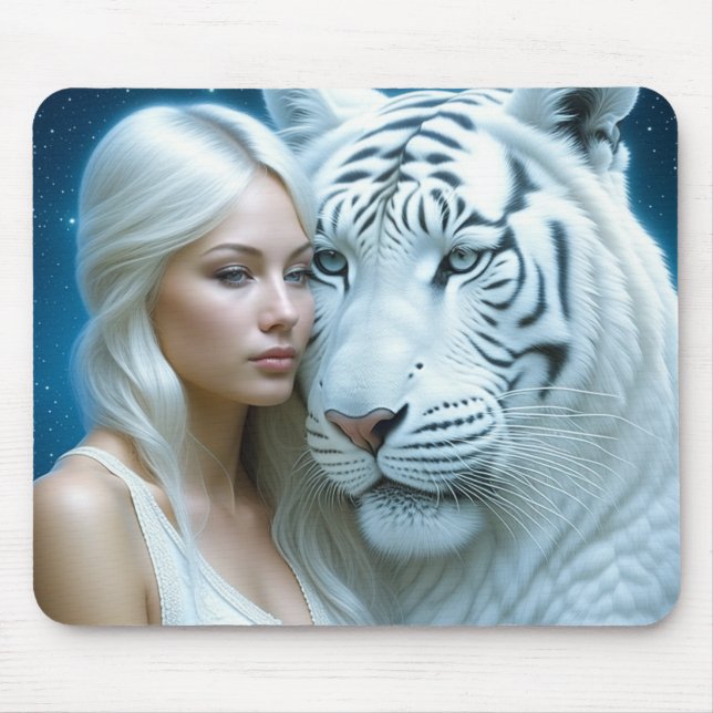 Mystical White Tiger and Woman Magical  Mouse Pad (Front)