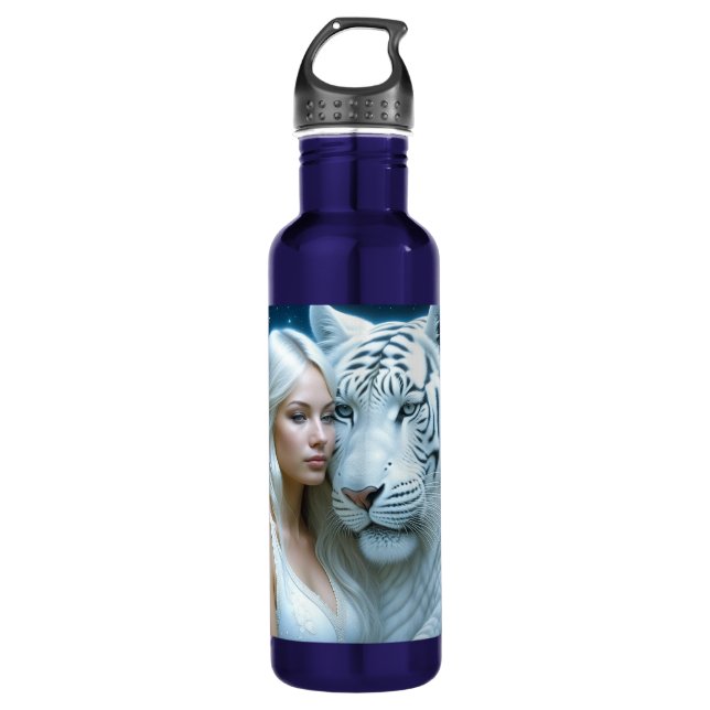 Mystical White Tiger and Woman Personalized Stainless Steel Water Bottle (Front)