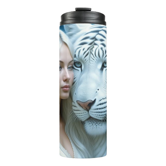 Mystical White Tiger and Woman Personalized Thermal Tumbler (Front)