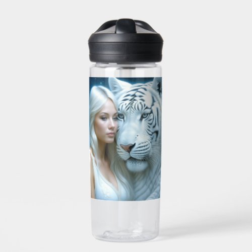 Mystical White Tiger and Woman Personalized Water Bottle