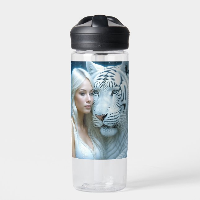 Mystical White Tiger and Woman Personalized Water Bottle (Front)