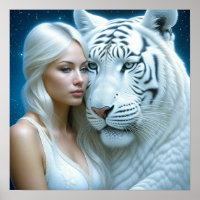 Mystical White Tiger and Woman Poster