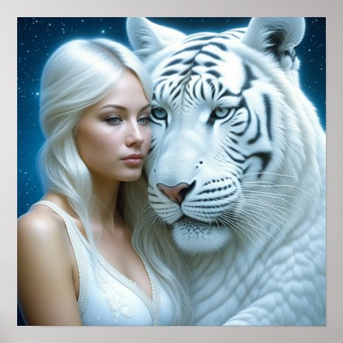 Mystical White Tiger and Woman Poster