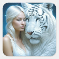 Mystical White Tiger and Woman Square Sticker