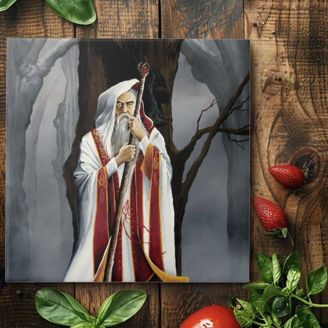 Mystical White Wizard Raven Oak Tree Fantasy Ceramic Tile (Creator Uploaded)