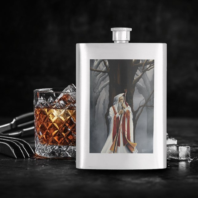 Mystical White Wizard Raven Oak Tree Fantasy Hip Flask (Creator Uploaded)