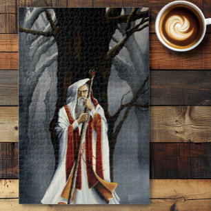 Mystical White Wizard Raven Oak Tree Fantasy Jigsaw Puzzle
