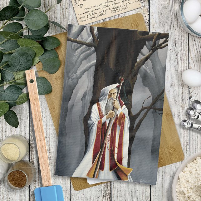 Mystical White Wizard Raven Oak Tree Fantasy Kitchen Towel (Creator Uploaded)