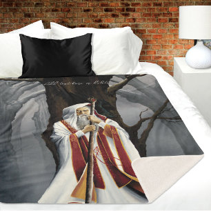 Mystical White Wizard Raven Oak Tree Fantasy Sherpa Blanket