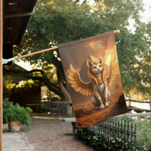Mystical Winged Cat Sphinx – Egyptian Fantasy Art. House Flag