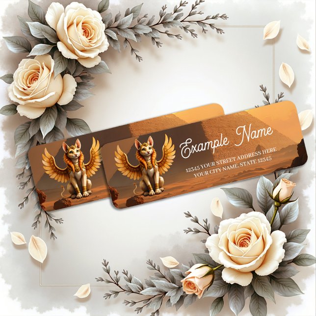 Mystical Winged Cat Sphinx – Egyptian Fantasy Art. Label (Creator Uploaded)