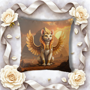 Mystical Winged Cat Sphinx – Egyptian Fantasy Art. Throw Pillow