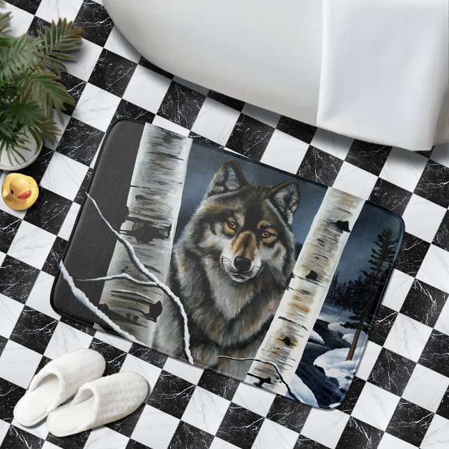 Mystical Winter Alpha Wolf Birch Forest Wildlife Bath Mat (Creator Uploaded)