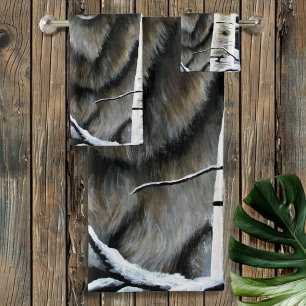 Mystical Winter Alpha Wolf Birch Forest Wildlife Bath Towel Set
