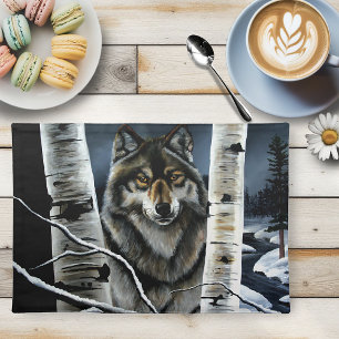 Mystical Winter Alpha Wolf Birch Forest Wildlife Cloth Placemat