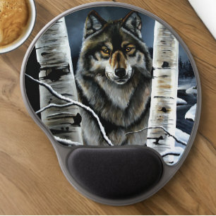 Mystical Winter Alpha Wolf Birch Forest Wildlife Gel Mouse Pad