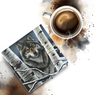 Mystical Winter Alpha Wolf Birch Forest Wildlife Glass Coaster