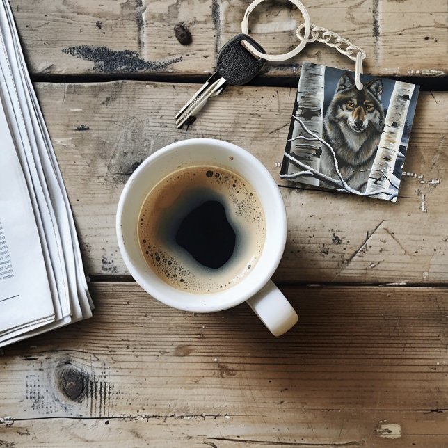 Mystical Winter Alpha Wolf Birch Forest Wildlife Keychain (Creator Uploaded)