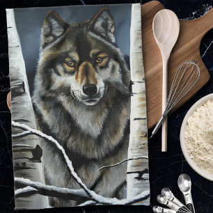 Mystical Winter Alpha Wolf Birch Forest Wildlife Kitchen Towel