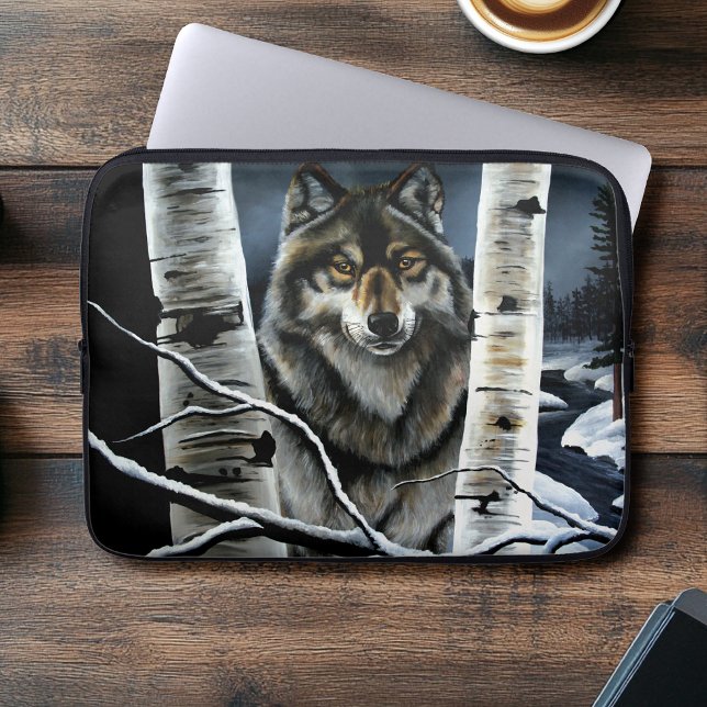 Mystical Winter Alpha Wolf Birch Forest Wildlife Laptop Sleeve (Creator Uploaded)