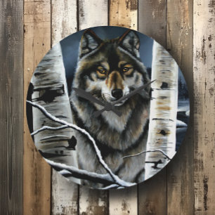 Mystical Winter Alpha Wolf Birch Forest Wildlife Large Clock