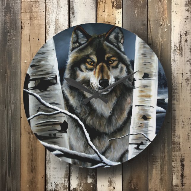Mystical Winter Alpha Wolf Birch Forest Wildlife Large Clock (Creator Uploaded)