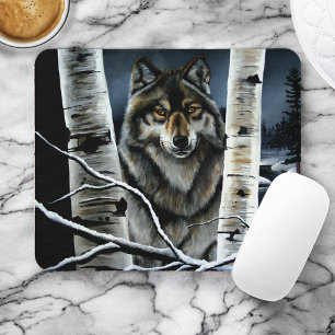 Mystical Winter Alpha Wolf Birch Forest Wildlife Mouse Pad