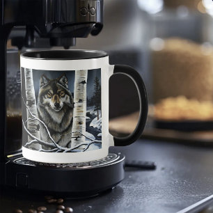 Mystical Winter Alpha Wolf Birch Forest Wildlife Mug