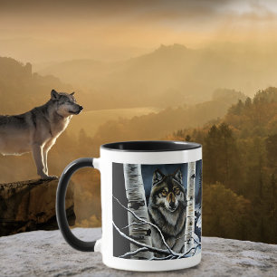 Mystical Winter Alpha Wolf Birch Forest Wildlife Mug