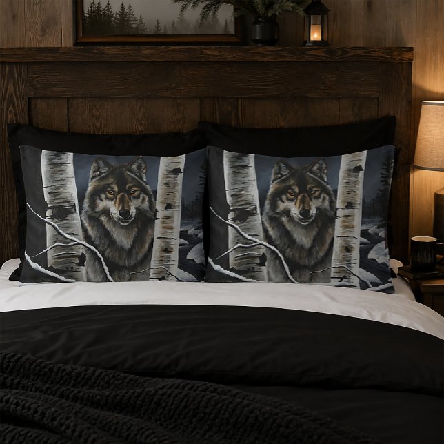 Mystical Winter Alpha Wolf Birch Forest Wildlife Pillow Case (Creator Uploaded)