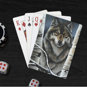 Mystical Winter Alpha Wolf Birch Forest Wildlife Poker Cards