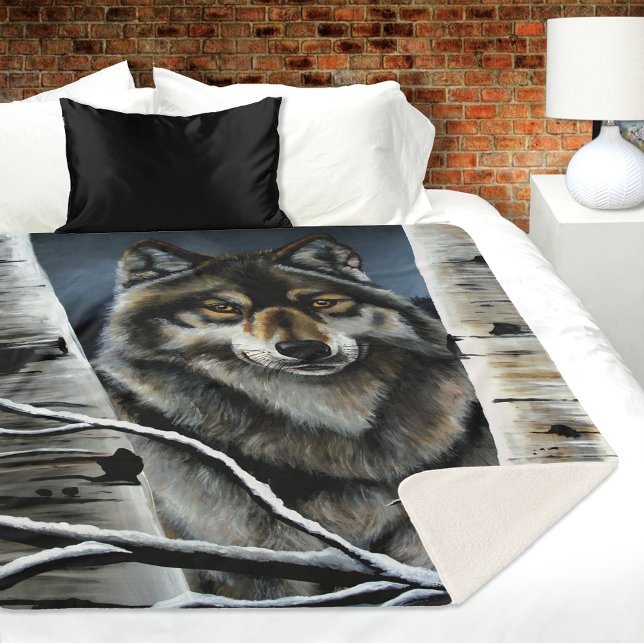 Mystical Winter Alpha Wolf Birch Forest Wildlife Sherpa Blanket (Creator Uploaded)