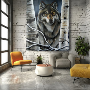 Mystical Winter Alpha Wolf Birch Forest Wildlife Tapestry