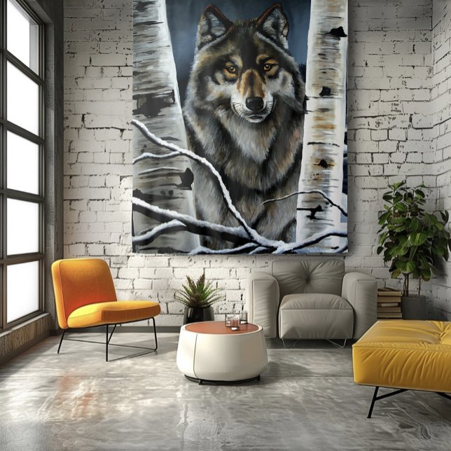 Mystical Winter Alpha Wolf Birch Forest Wildlife Tapestry (Creator Uploaded)