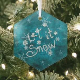 Mystical Winter Blue Silver Snowflakes Let It Snow Glass Ornament