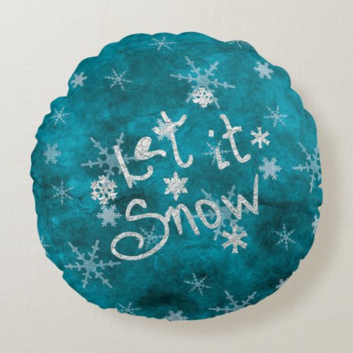 Mystical Winter Blue Silver Snowflakes Let It Snow Round Pillow