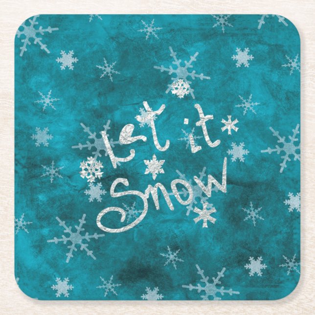 Mystical Winter Blue Silver Snowflakes Let It Snow Square Paper Coaster (Front)