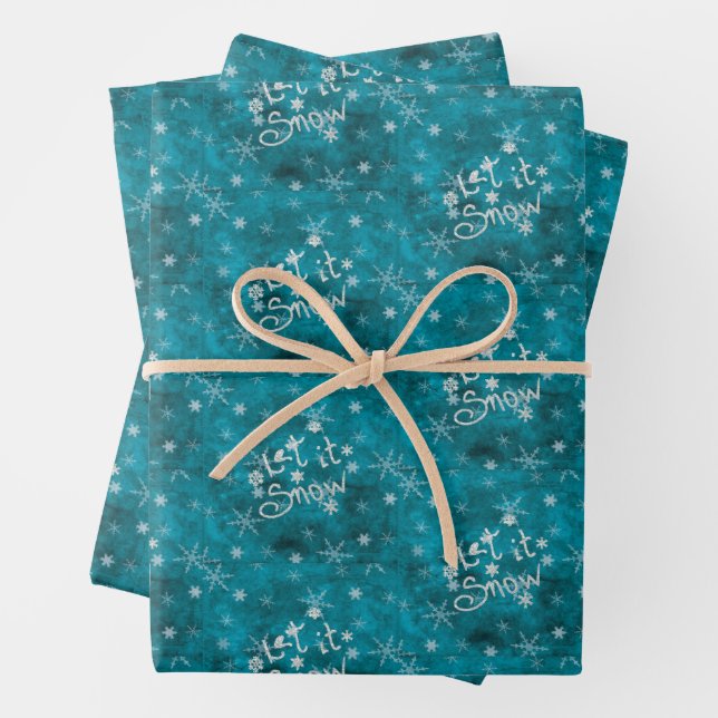Mystical Winter Blue Silver Snowflakes Let It Snow Wrapping Paper Sheets (In situ)