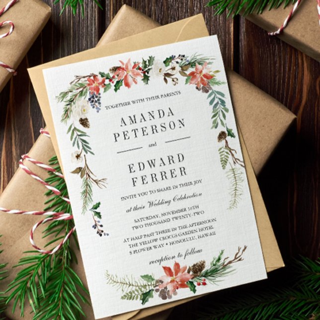 Mystical Winter | Floral Wedding Invitation (WINTER FLOWER BERRIES PINECONES POINSETTIA formal wedding invitation. CHRISTMAS TIME CELEBRATION)