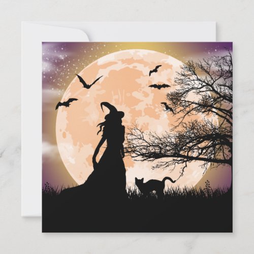 Mystical Witch and Cat Full Moon Invitation