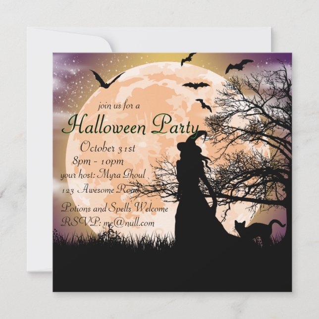 Mystical Witch and Cat Full Moon Invitation (Front)