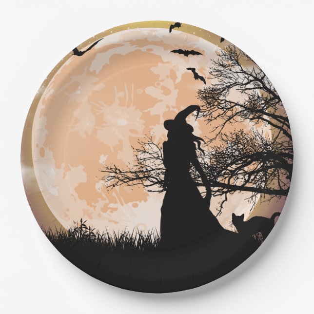 Mystical Witch and Cat Full Moon Paper Plates (Front)