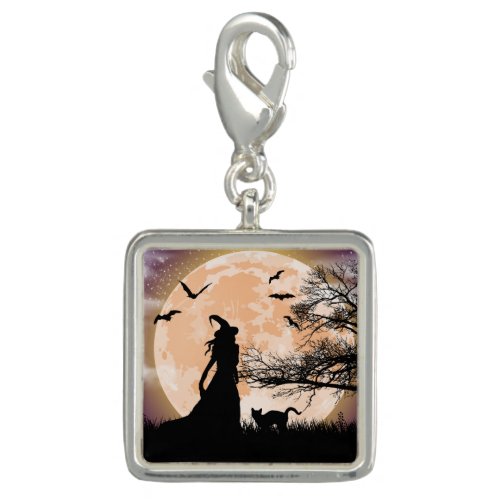 Mystical Witch Black Cat Full Moon Charm