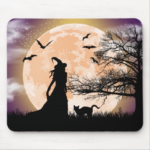 Mystical Witch Black Cat Full Moon Mouse Pad