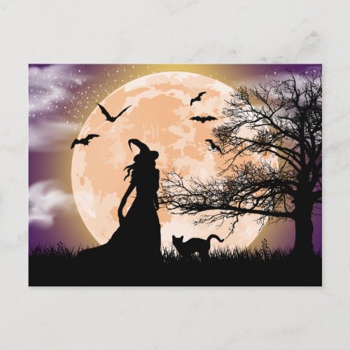 Mystical Witch Black Cat Full Moon Postcard