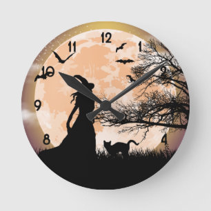 Mystical Witch, Black Cat, Full Moon Round Clock