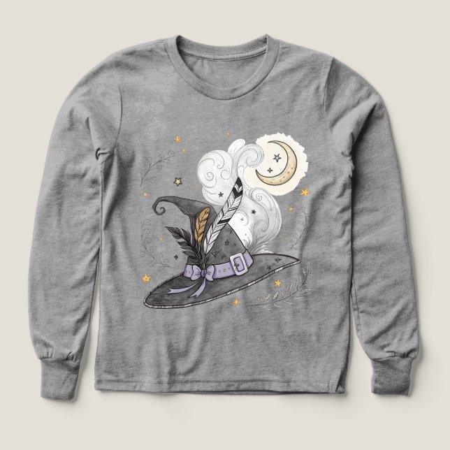 Mystical Witch Hat & Crescent Moon Halloween  Tri-Blend Shirts (Design Front)